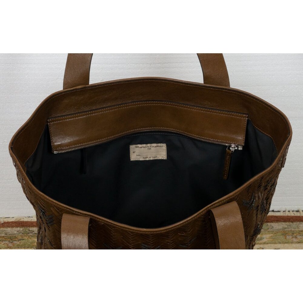 $6995 BRUNELLO CUCINELLI LEATHER LARGE TOTE BAAG WITH MONILI CHAIN DETAIL BROWN - Picture 6 of 9